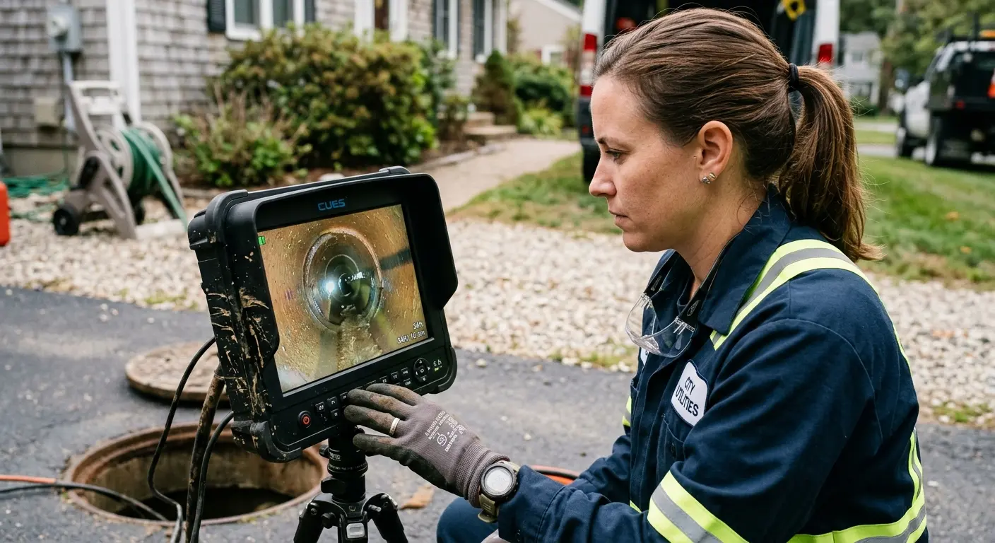 Technician reviewing sewer camera inspection footage in Henrietta