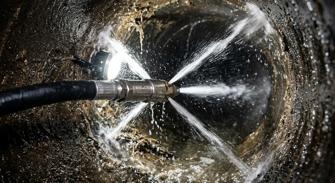 High-pressure hydro jetting nozzle cleaning sewer pipe for Sewer Cleanout in Henrietta