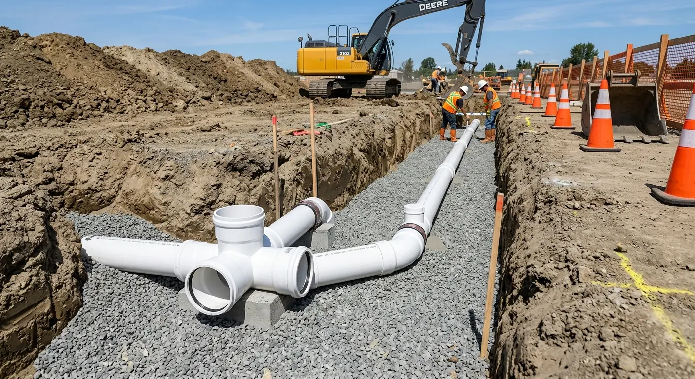 New PVC sewer pipe installation in open trench for Commercial Drain Cleaning in Henrietta