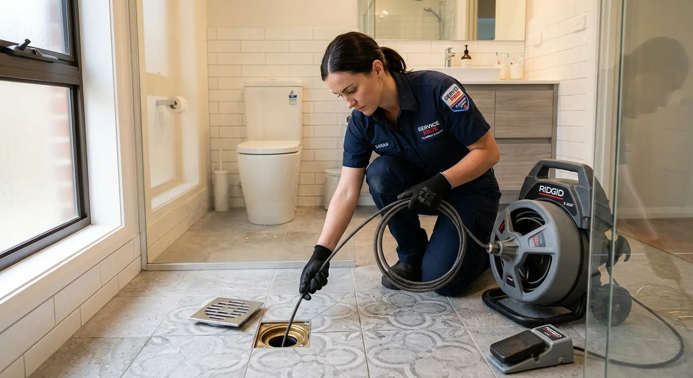 Technician clearing a bathroom floor drain for Sewer Line Replacement in Henrietta